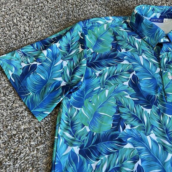 Hreski Men's S Performance Golf Polo Blue/Green Hawaiian Floral Palms Shirt New - Picture 3 of 5